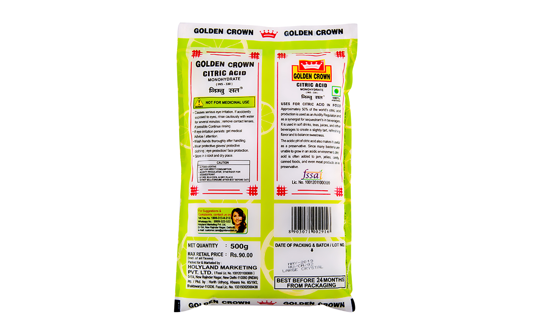 Golden Crown Citric Acid Monohydrate Large Crystal   Pack  500 grams